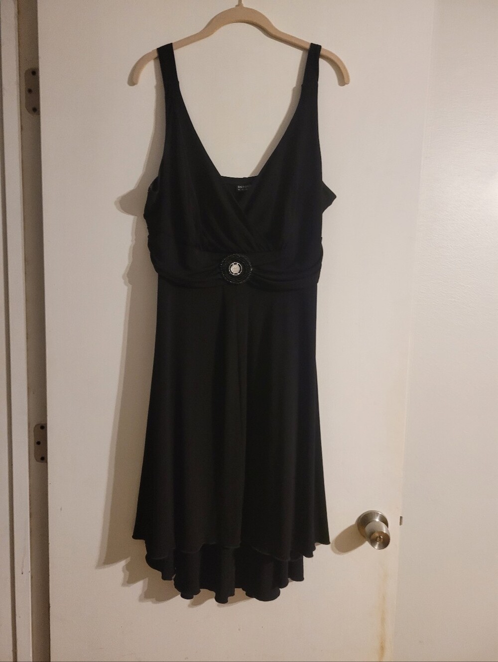 Enfocus Studio Black High-Low V-Neck Dress with Decorative Waist Emblem